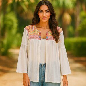 Tantrums Open Front Embroidered Tapestry Flowy Gauzy Boho Top w Bell Sleeves New